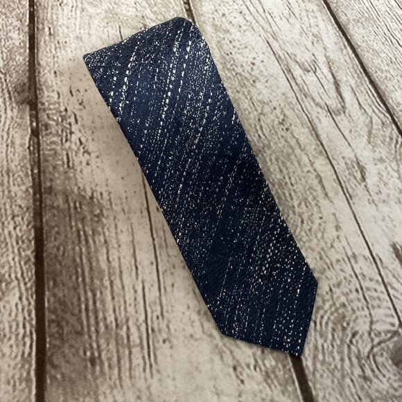 Zara Mens Tie Slim Blue Textured Cotton Silk Linen Blend Formal Preppy - Picture 1 of 4